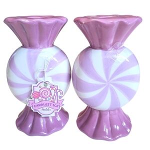 Lavender Peppermint Candy Ceramic Candlestick Holders Set of 2 Home Decor NWT